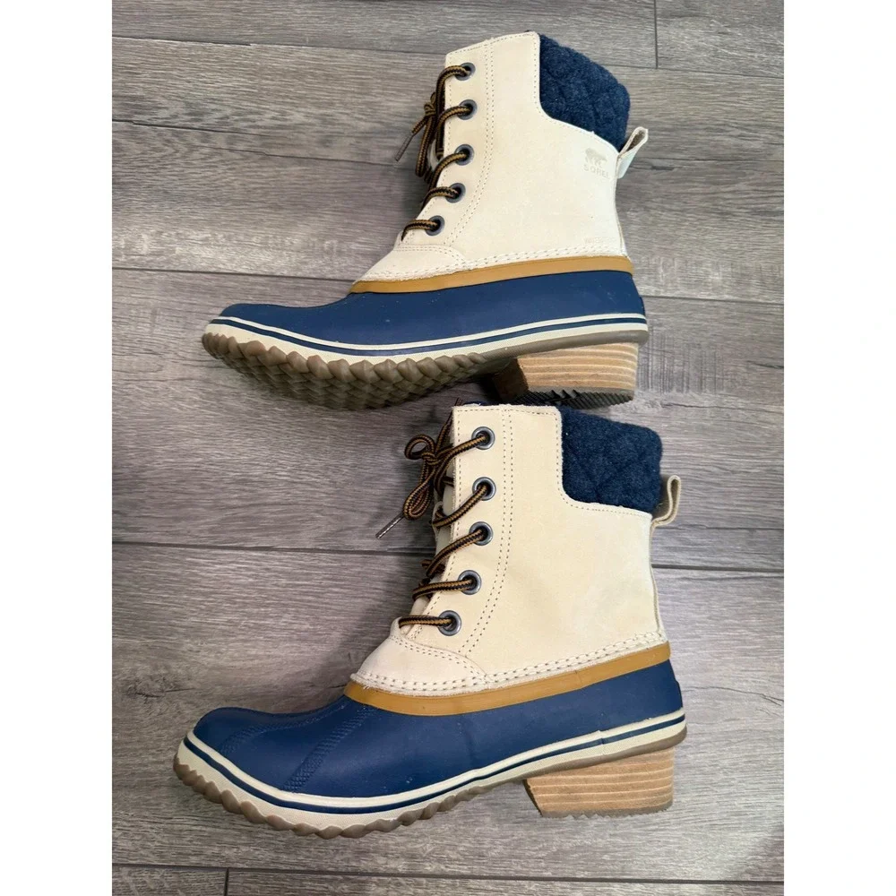 Sorel‎ Womens Slimpack Duck Boots Waterproof Winter Snow Beige Navy Size 9.5